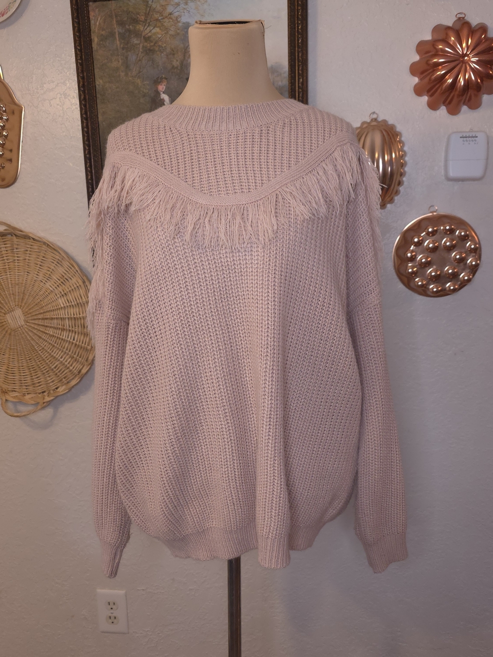 And The Why S/M Blush Pink Fringe Knit Oversized Crewneck Sweater Western